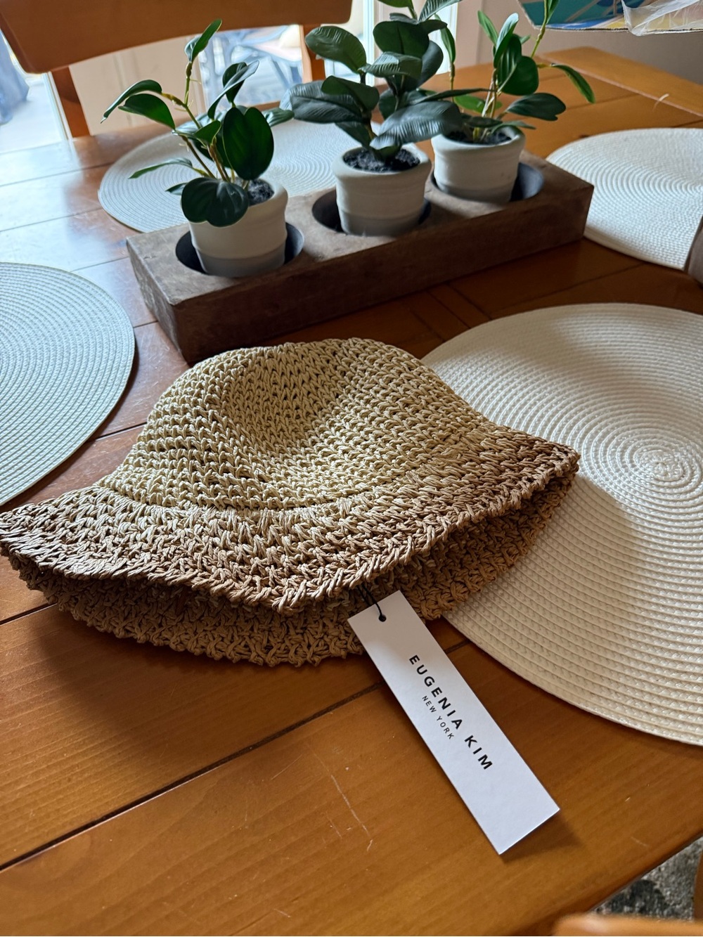 Eugenia Kim Natural & Tan Woven Straw Bucket Hat
